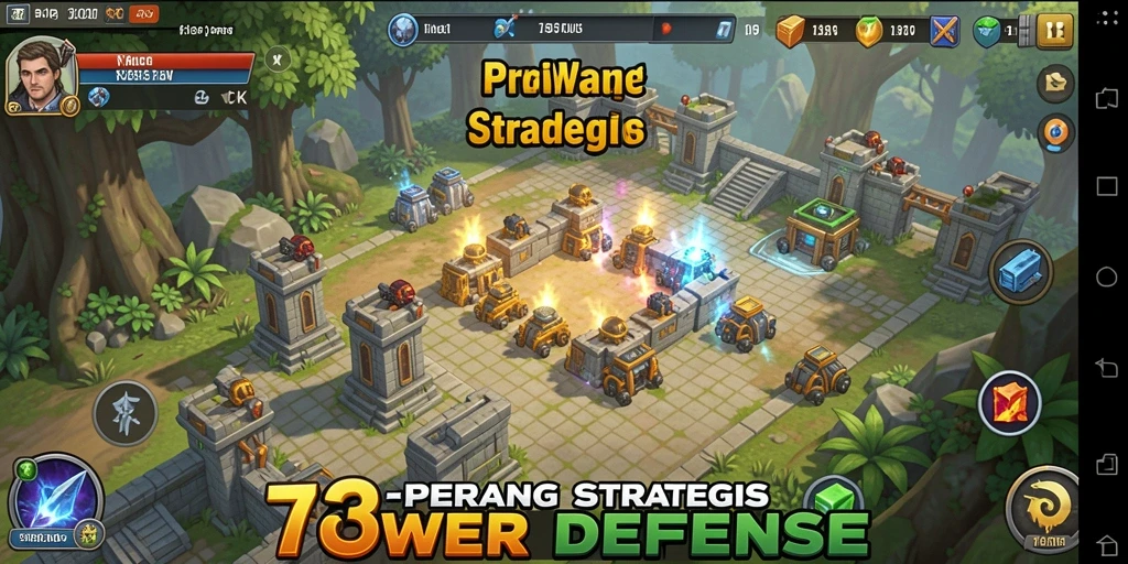 Screenshot gameplay Tower Defense yang menampilkan menara dan musuh.