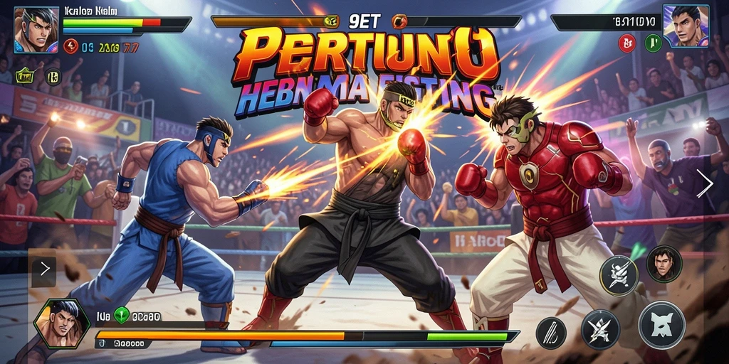 Tampilan aksi intens dalam game Fighting 9ET dengan karakter yang berjuang.