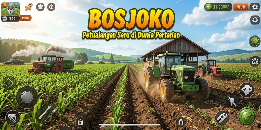 Tampilan utama gameplay <strong>BOSJOKO</strong> dengan aktivitas bertani yang seru.