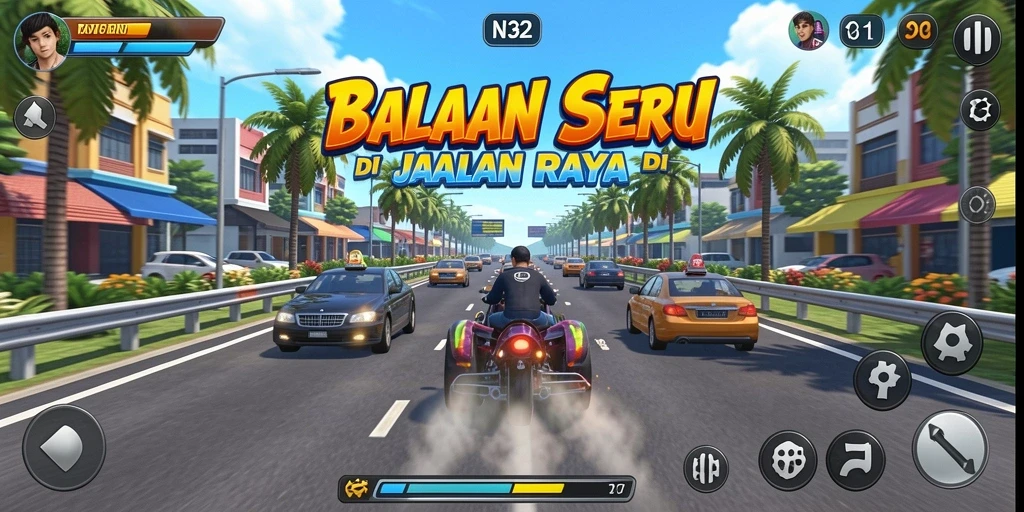 Screenshot gameplay N32 menampilkan kecepatan dan ketegangan balapan yang mendebarkan.