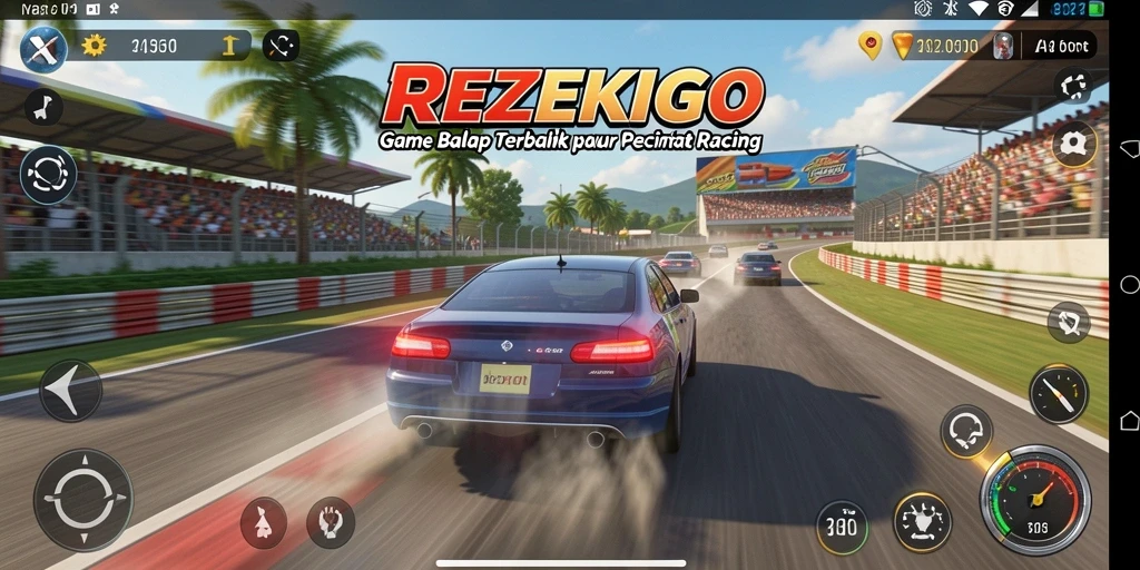 Screenshot utama REZEKIGO menampilkan aksi balap yang mendebarkan di trek yang menantang.