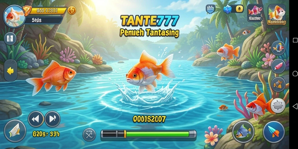 Gameplay menantang TANTE777 dengan visual memukau saat memancing.